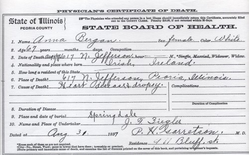 Anna Drew Bergan Death Certificate